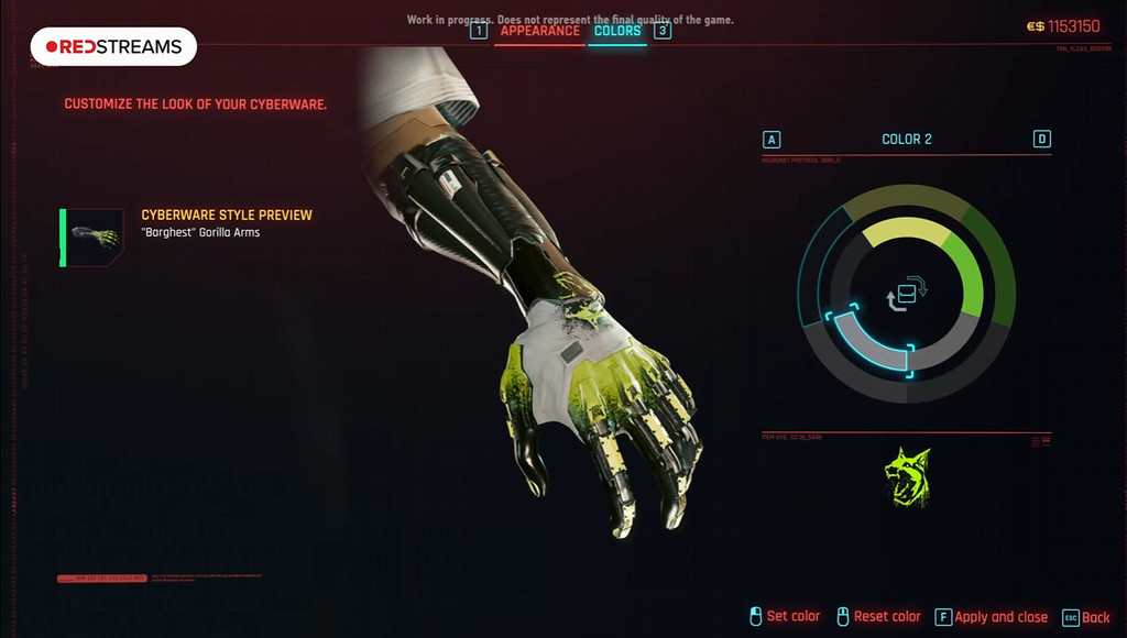 Cyberpunk 2077 — варианты кастомных расцветок протезов