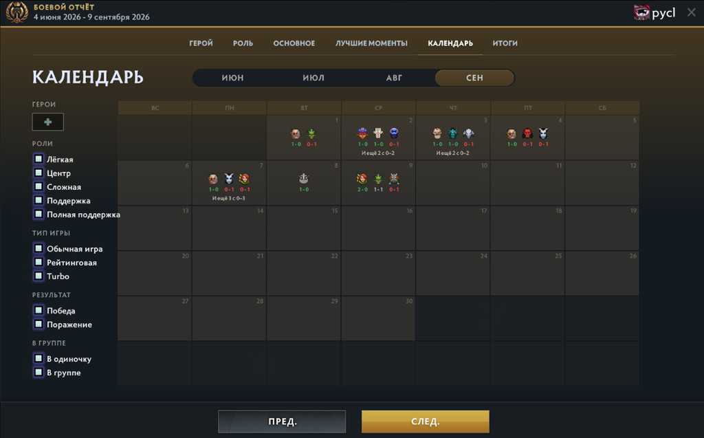 Календарь игровой активности в Dota Plus