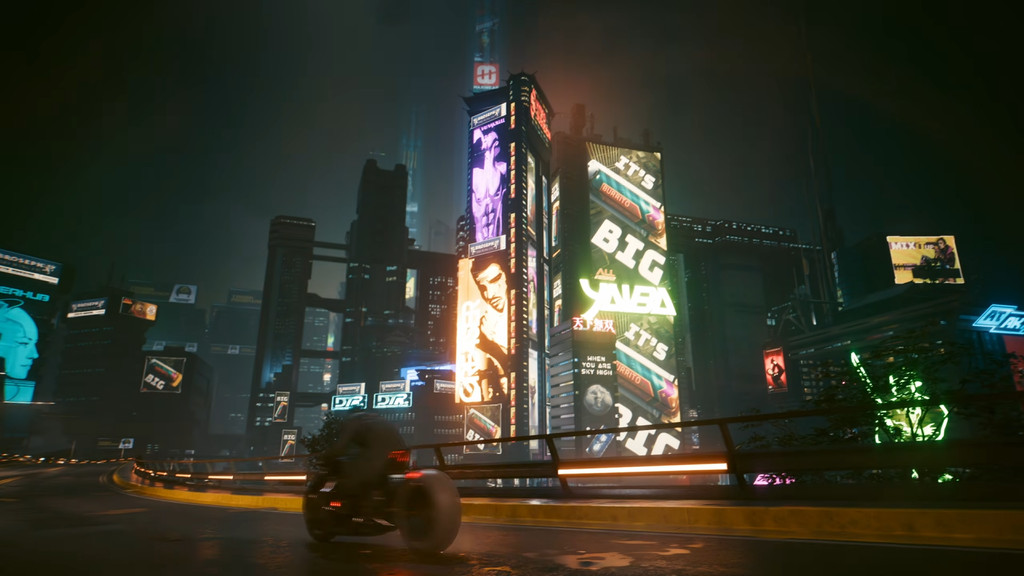 Cyberpunk 2077 — ночной вид Найт-Сити в полном "прикиде" Кинга на мотоцикле